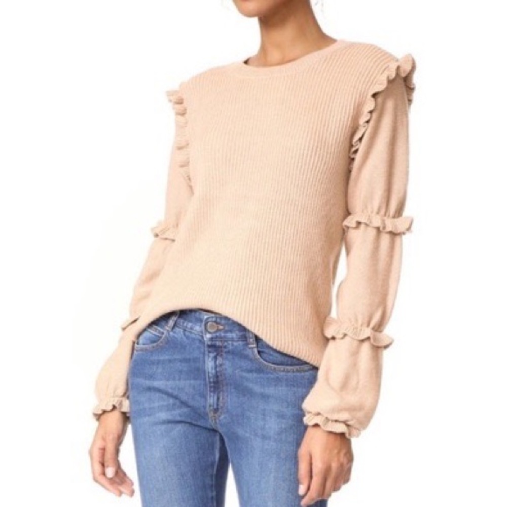 Club Monaco 100% Merino Wool Tan Pullover Ruffle Sleeve Sweater Top